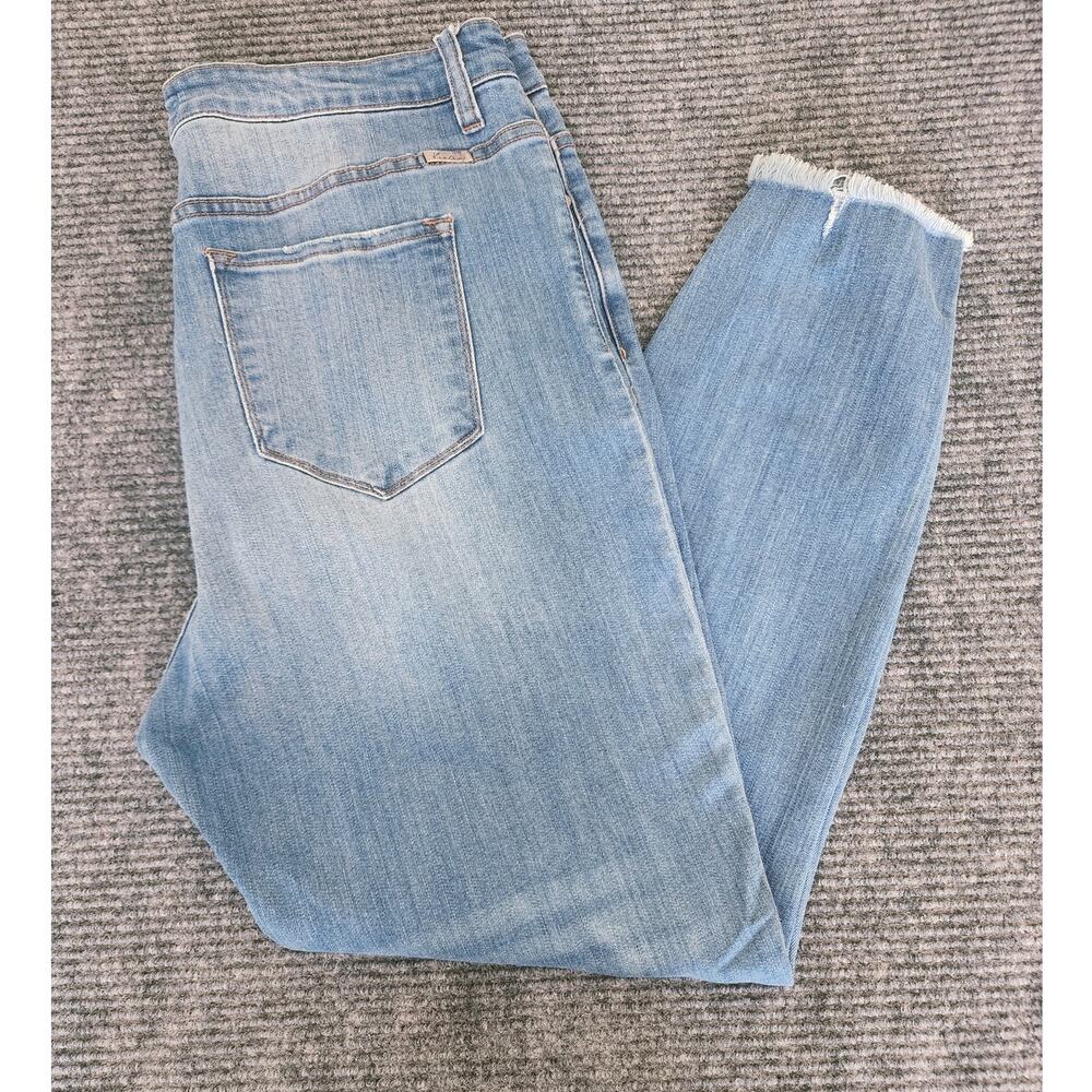 Kancan Womens XL Jeans Blue Denim Medium Wash Fringe Hem Stretch Button Fly